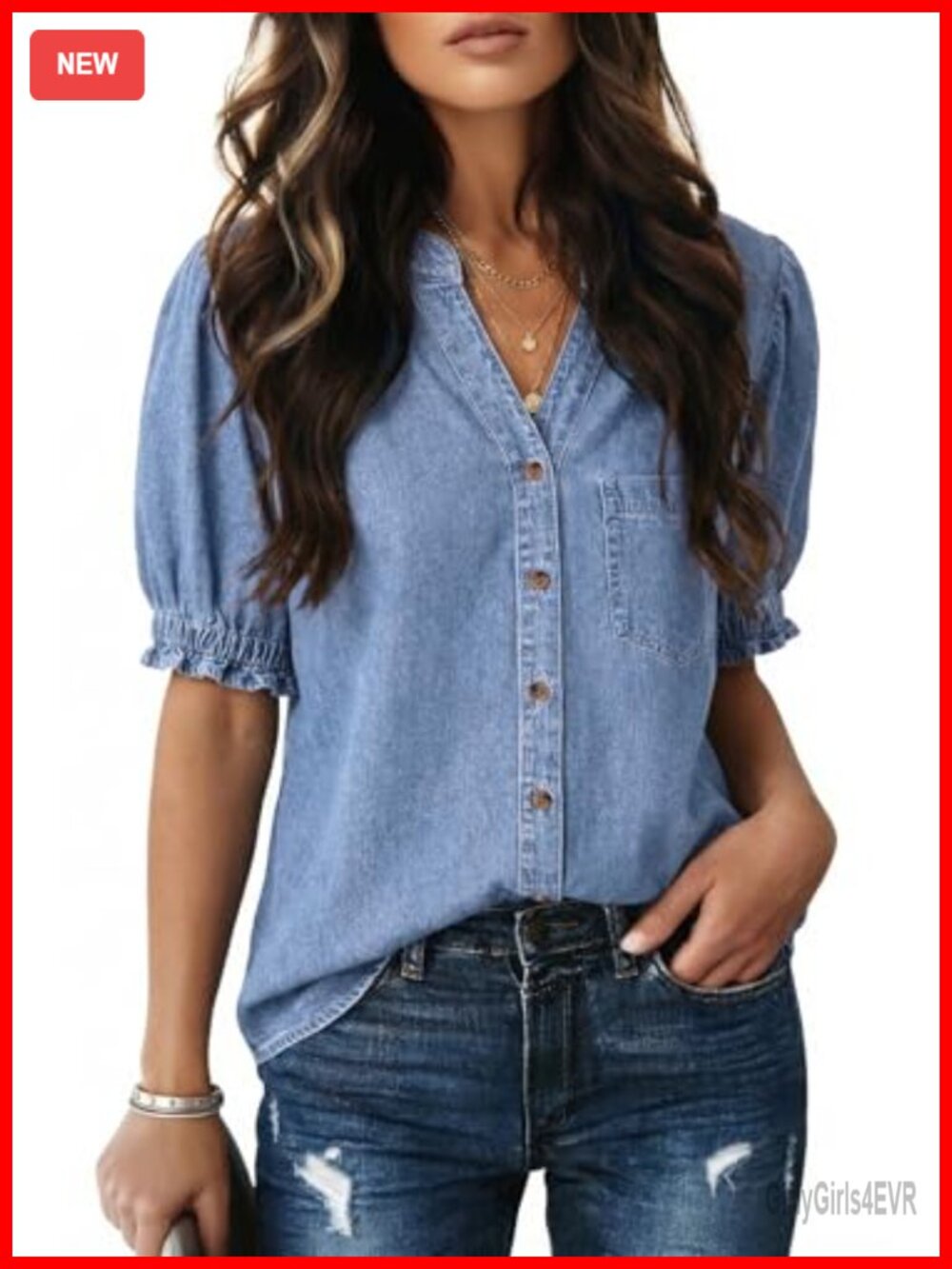 Dokotoo Women's Denim Button Down Shirt Short Sleeve V Neck 100% Cotton Blouse